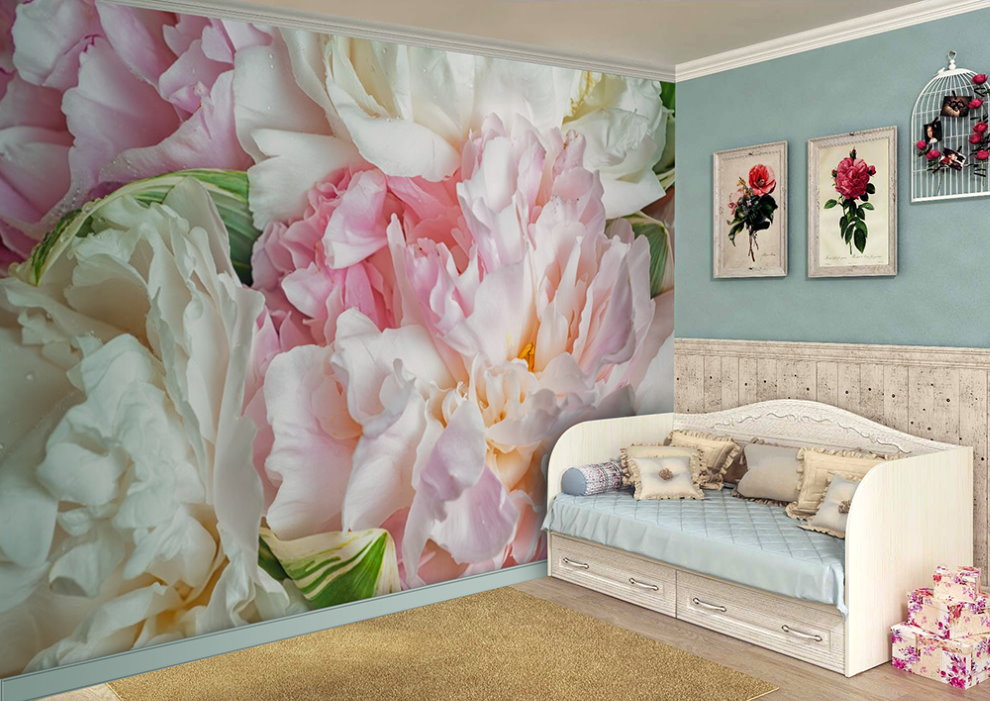 Wallpaper with peonies in the room of a modern girl