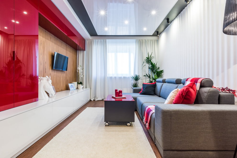 Red wall in a narrow living room