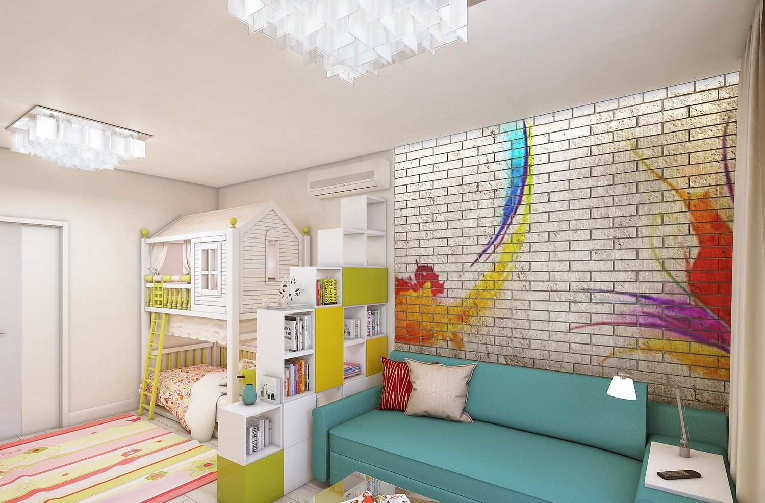 obývací pokoj a dětský pokoj v jedné místnosti