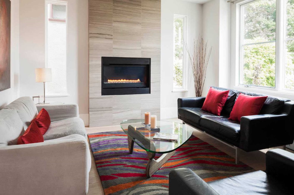 Electric fireplace in a small living room of a private house