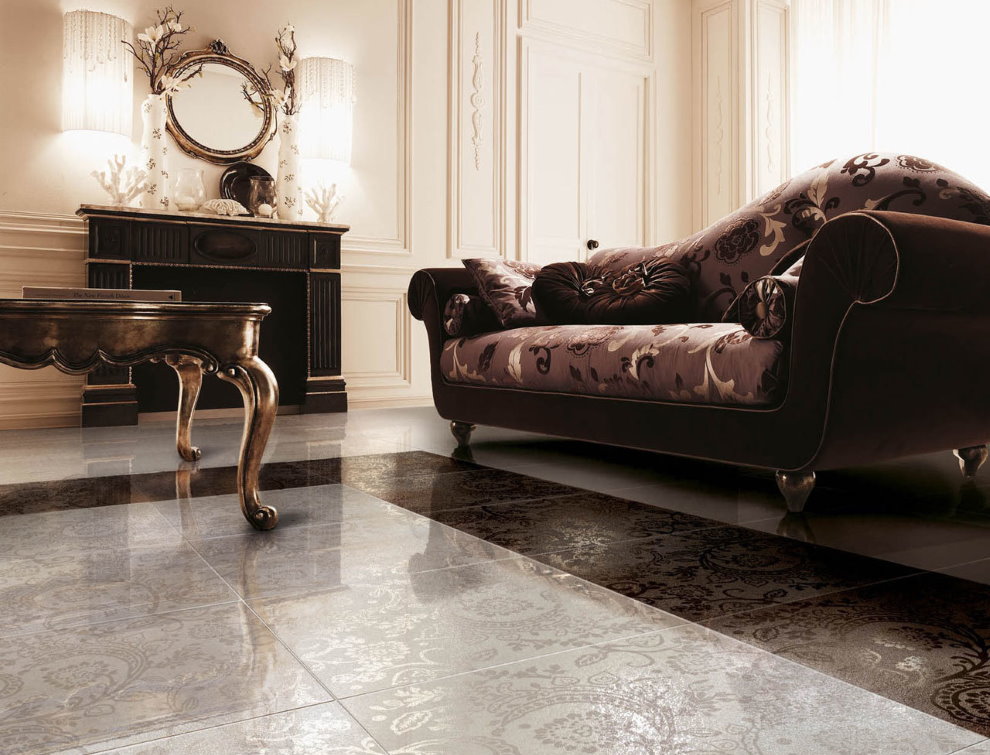 Keramické podlahy v obývacej izbe v klasickom štýle
