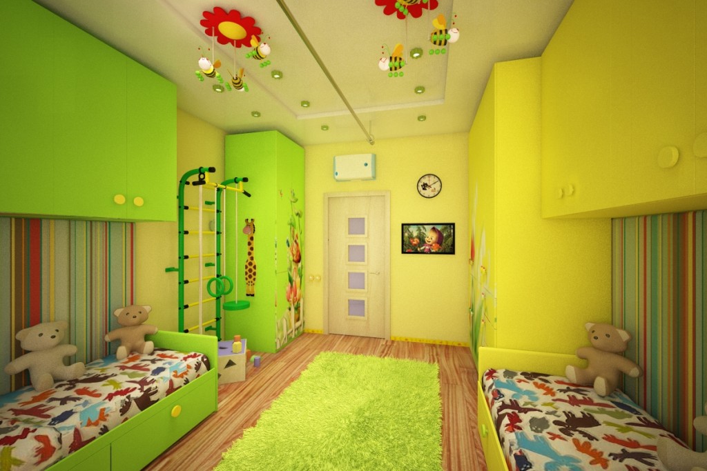 Bērnu istabas dizains ar kombinētiem griestiem