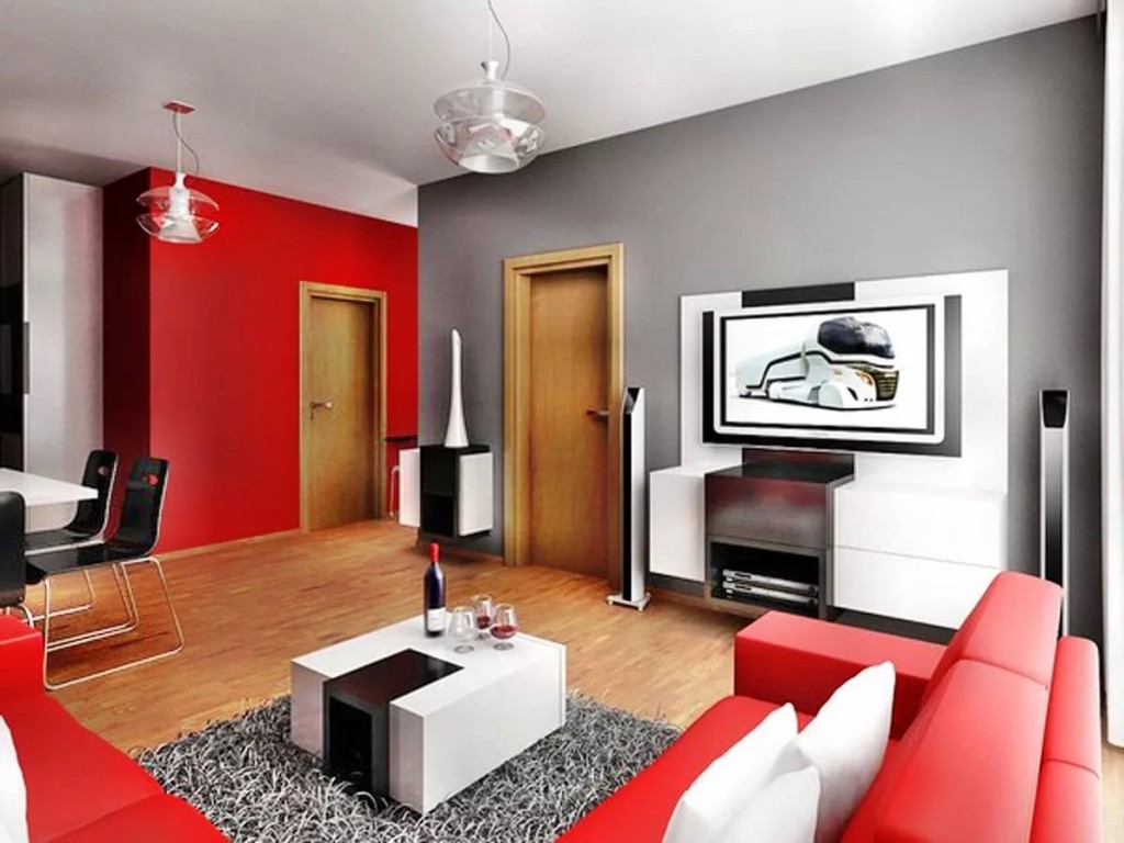 Sofa đỏ trong một căn phòng với một bức tường màu xám