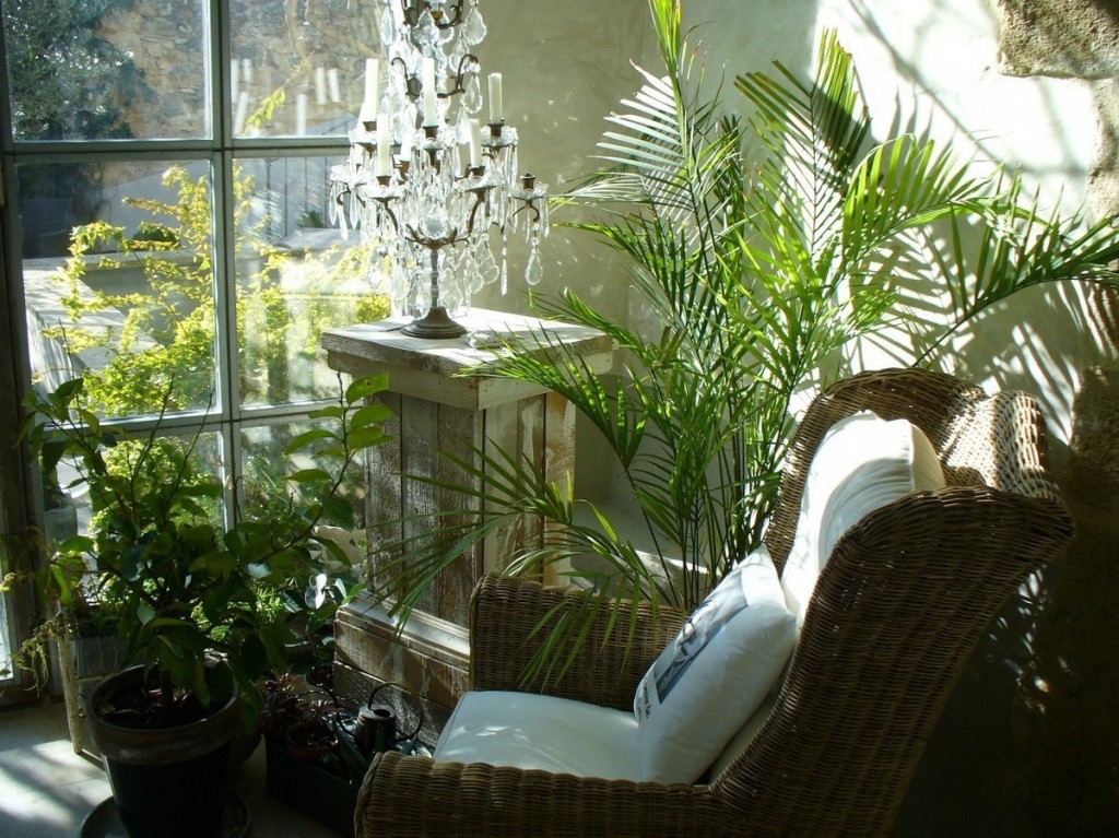 Atpūtas krēsls uz balkona ar dzīviem augiem