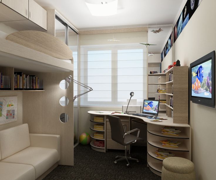 Workplace of a schoolboy in a narrow children's room