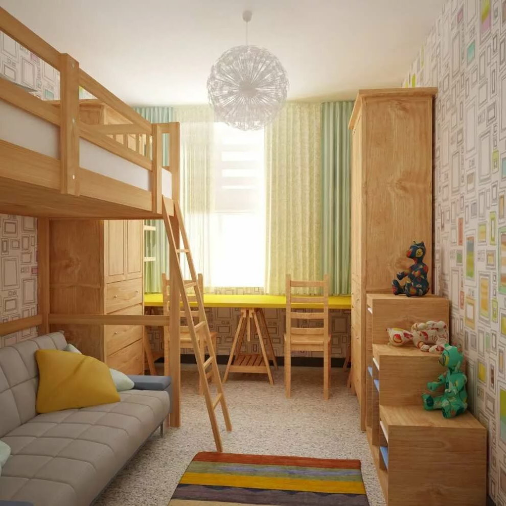 Đồ nội thất bằng gỗ trong một căn phòng nhỏ cho hai đứa trẻ.