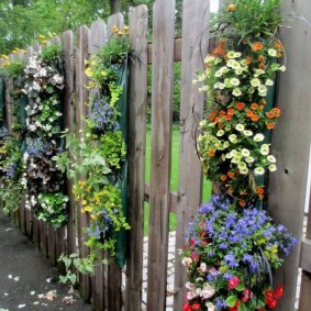 Pots de couleur sur les planches de clôture