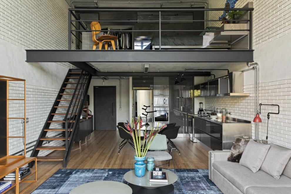 Loft style two-level living room design