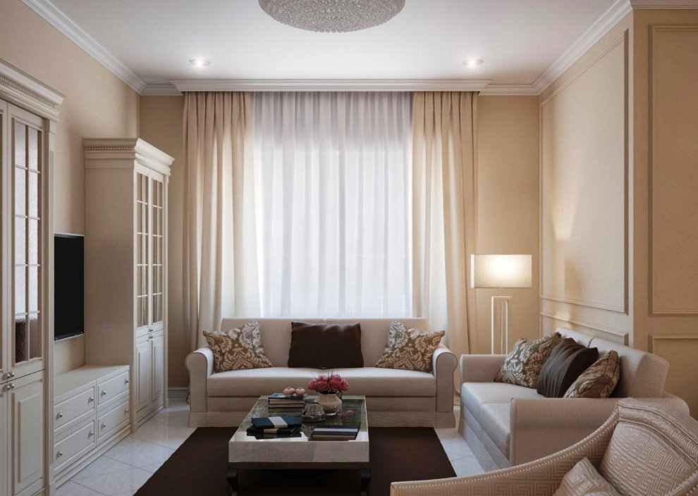 Interior of a small living room with beige walls.