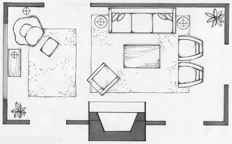 Mobiliari en una habitació rectangular amb llar de foc