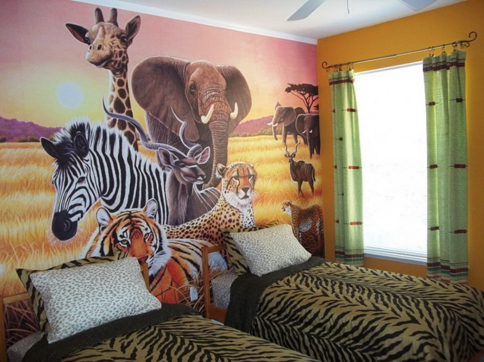 Zebra and other animals on the wallpaper in the nursery