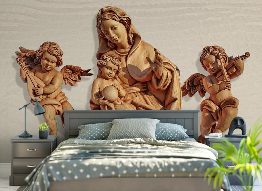Wallpaper with angels over the head of the bed for a teenager