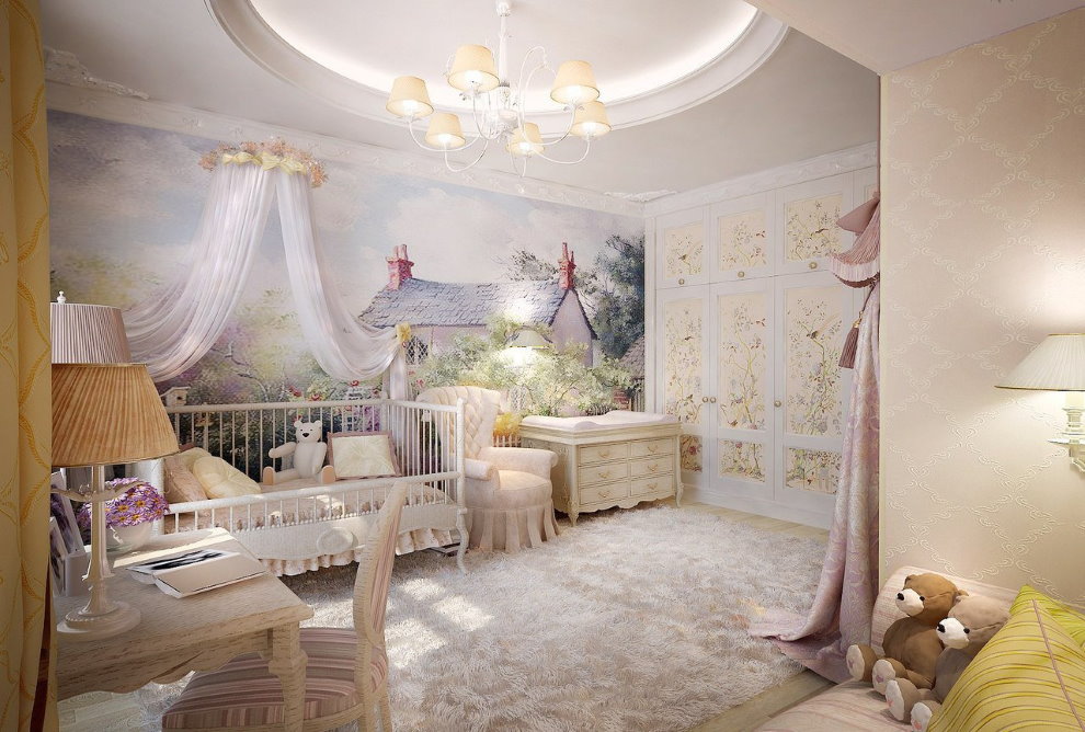 Interiér dětského pokoje ve stylu Provence s fotografickou tapetou