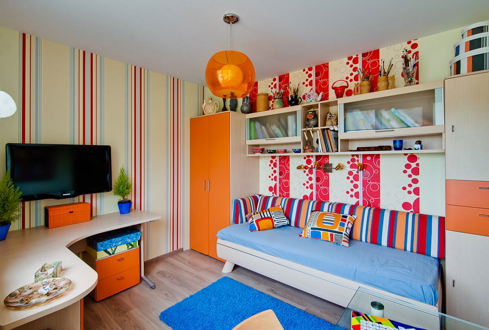 Orange lamp on the white ceiling of the nursery