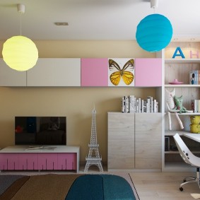 Lamps in a room with modular furniture