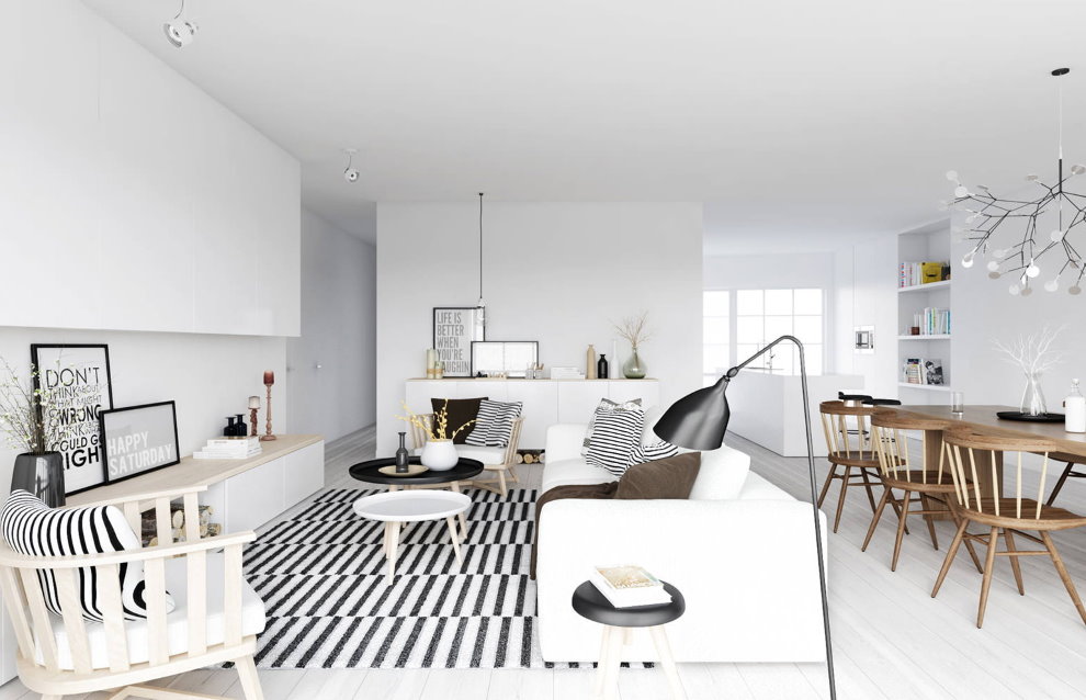 Wit plafond in studio appartement in Scandinavische stijl