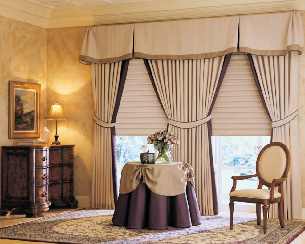 Light beige curtains with simple lambrequin