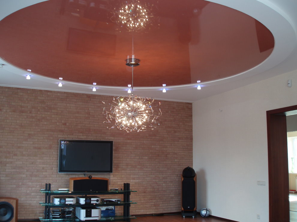 Stretch ceiling with pendant lamp