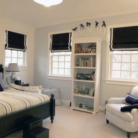 Black curtains in a boy's room