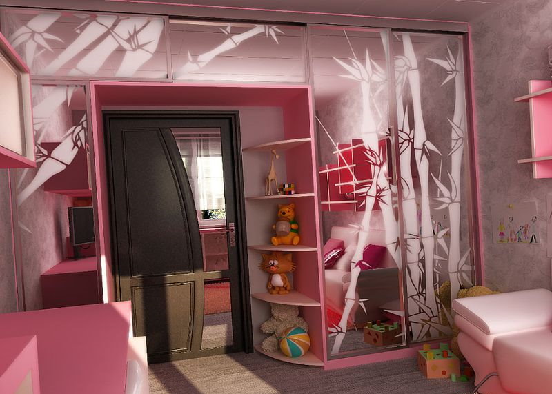 Tủ quần áo màu hồng trong phòng ngủ bé gái
