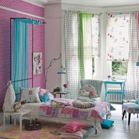 Multi-colored curtains in a girl's room