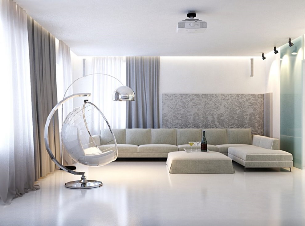 Világosszürke függönyök minimalista stílusú nappaliban