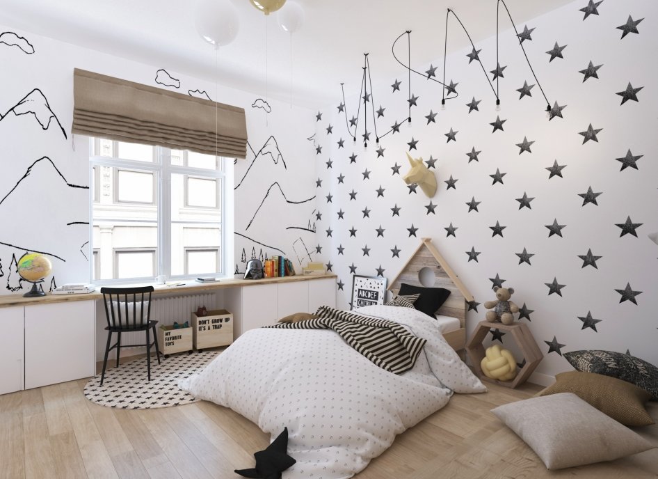 Šedé hvězdy na bílé tapety v dětském pokoji