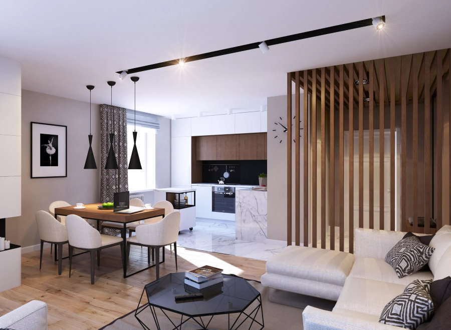 Virtuves-dzīvojamās istabas dizains mūsdienīgā dzīvoklī