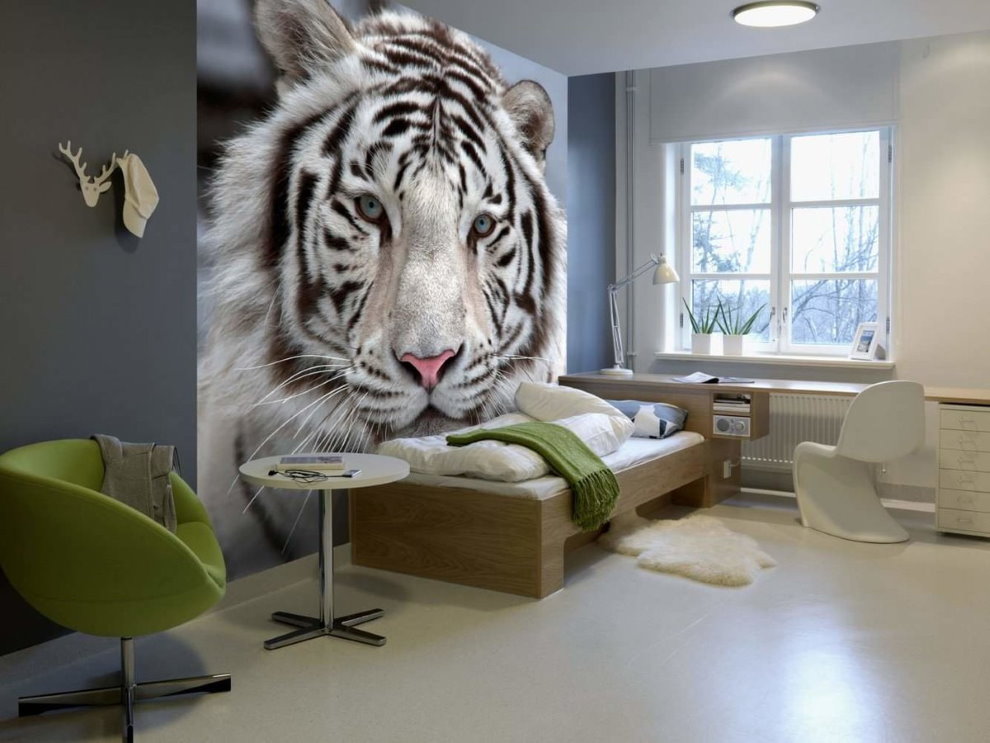 Larawan ng isang bengal tigre sa wallpaper sa isang nursery