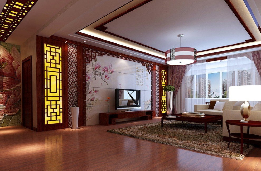 Nội thất phòng khách theo phong cách phương Đông với trần kéo dài.