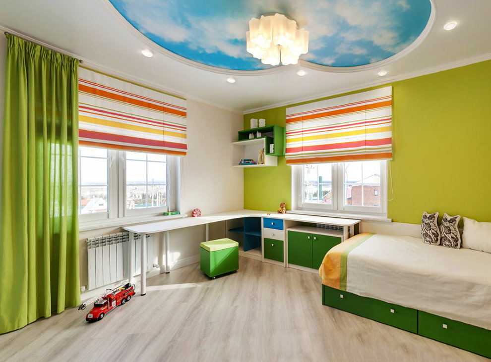 Bright stripes on the Roman curtains in the nursery