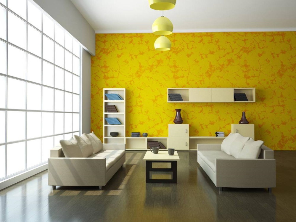 Yellow wallpaper in the hall with a large window