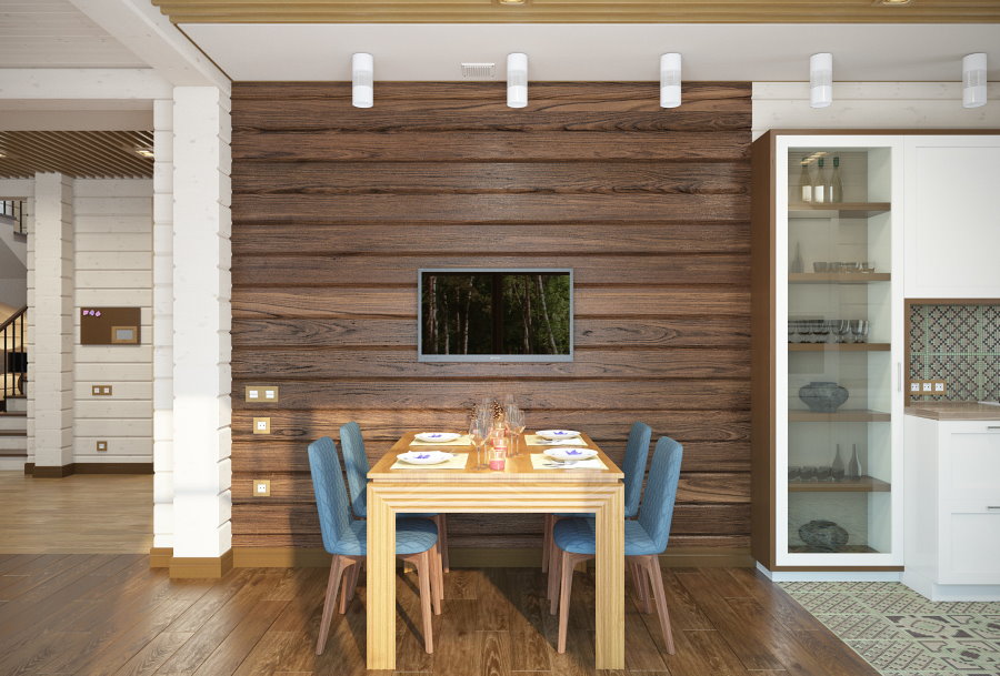 Proiectați peretele de accent în bucătăria-sufrageria unei case din lemn