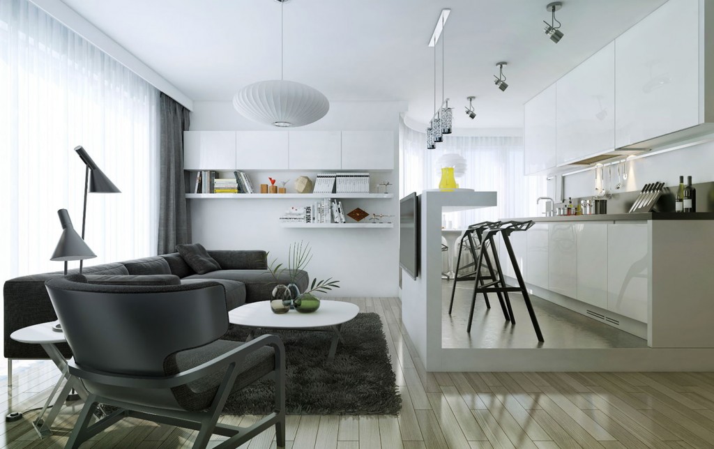 Štýlový stojan na tenké nohy medzi kuchyňou a obývacou izbou