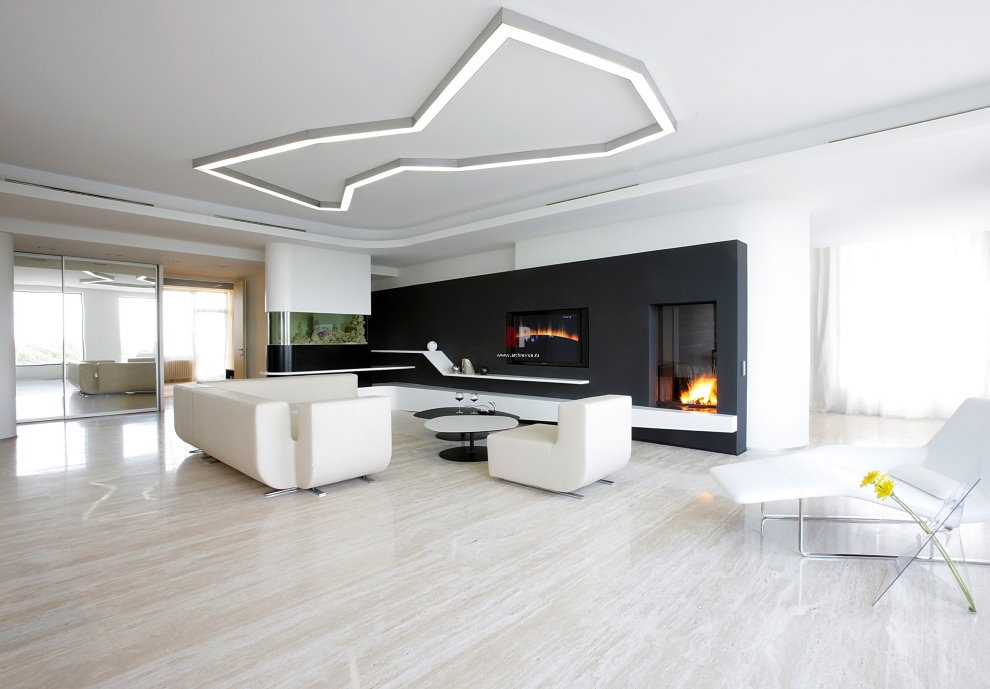 Đồ nội thất màu trắng trong phòng khách theo phong cách tối giản