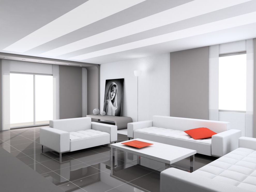 White furniture on the gray floor of a high-tech living room
