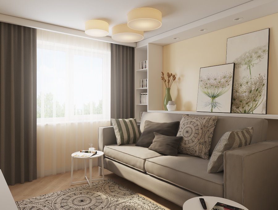 Ljusgrå soffa i ett beige vardagsrum