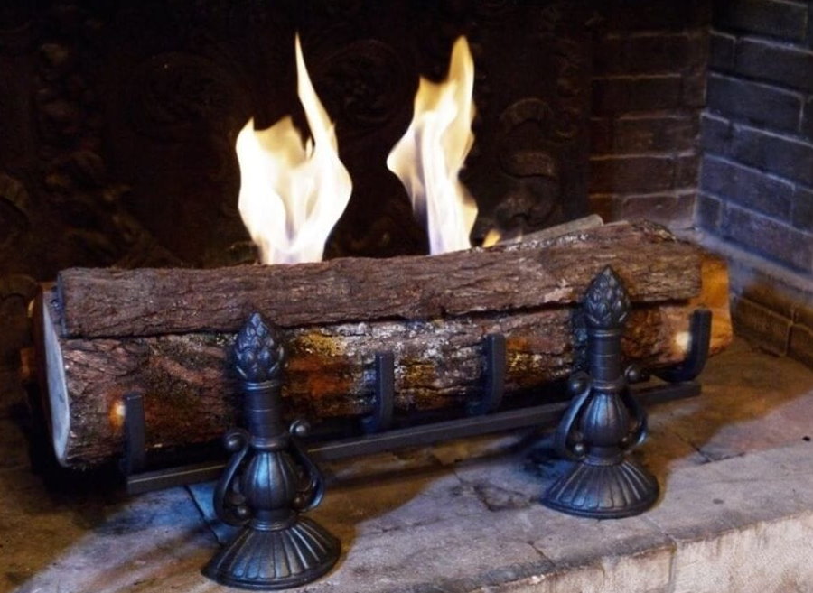Ceramic wood fireplace with forged stand