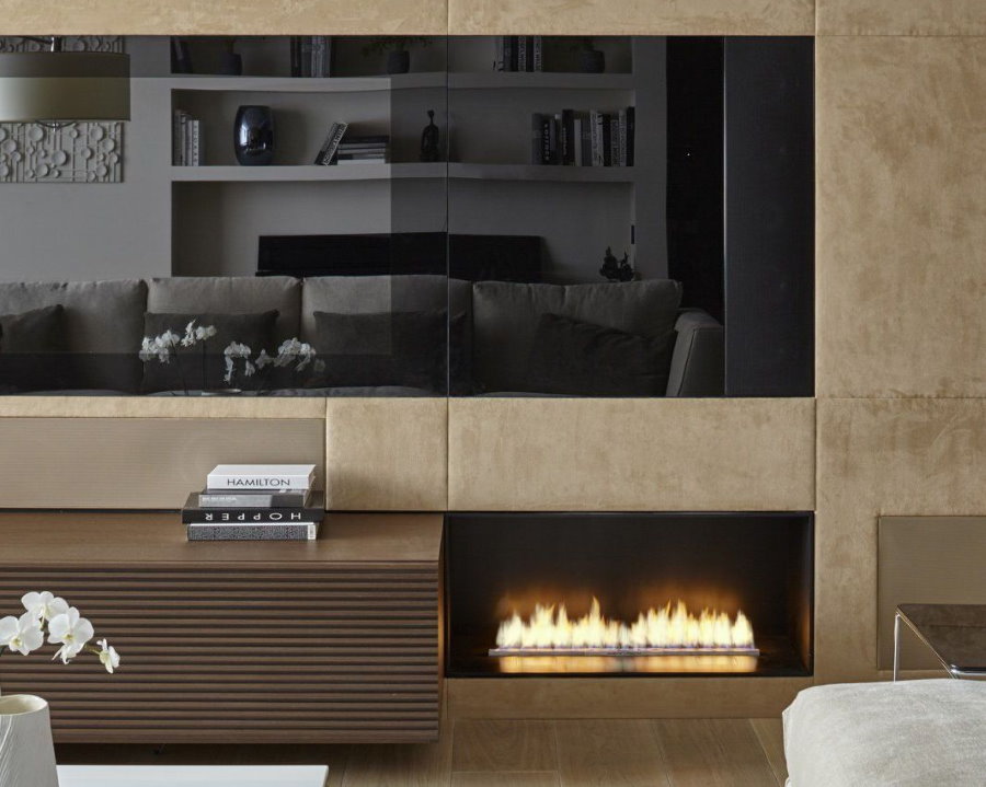 Biofuel fireplace in the interior of a modern living room