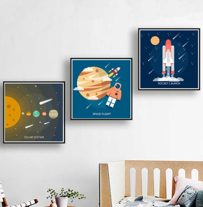 Space-related posters in a child’s room