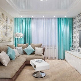 Turquoise curtains in a small room