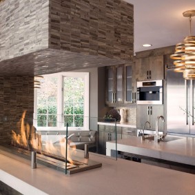 Kitchen worktop with integrated bio-fireplace