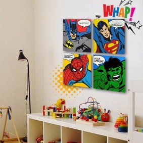 Posters with comics in a boy's room.