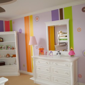 Bērnu guļamistabas sienu svītrainā krāsošana
