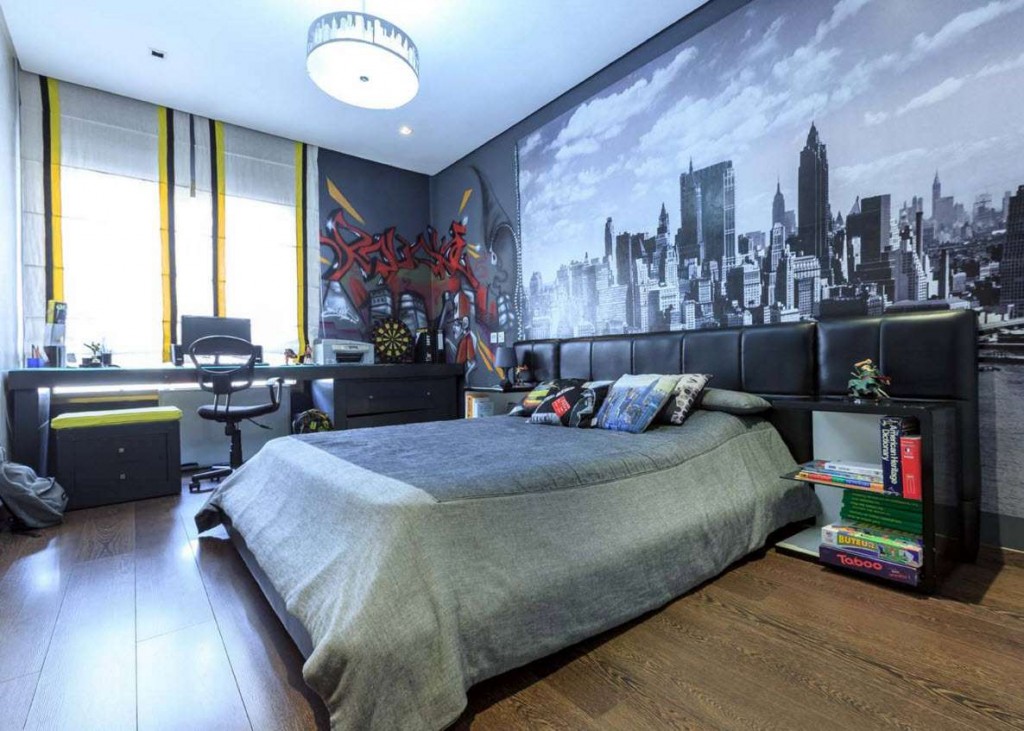 Wall mural with a megalopolis on a bedroom wall for a teenager