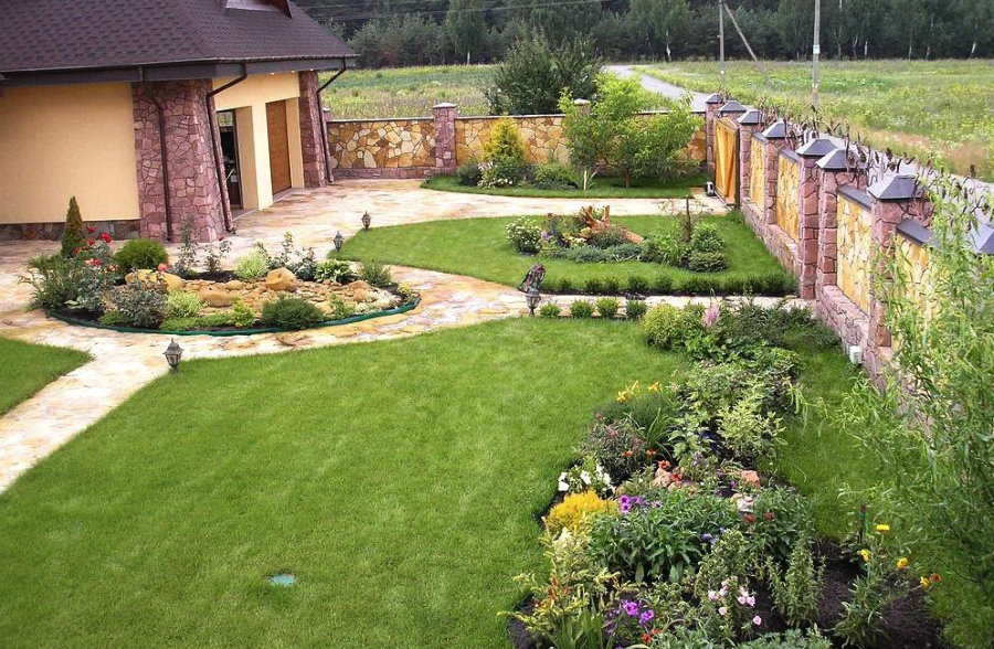 Lawns in the garden with stone fences
