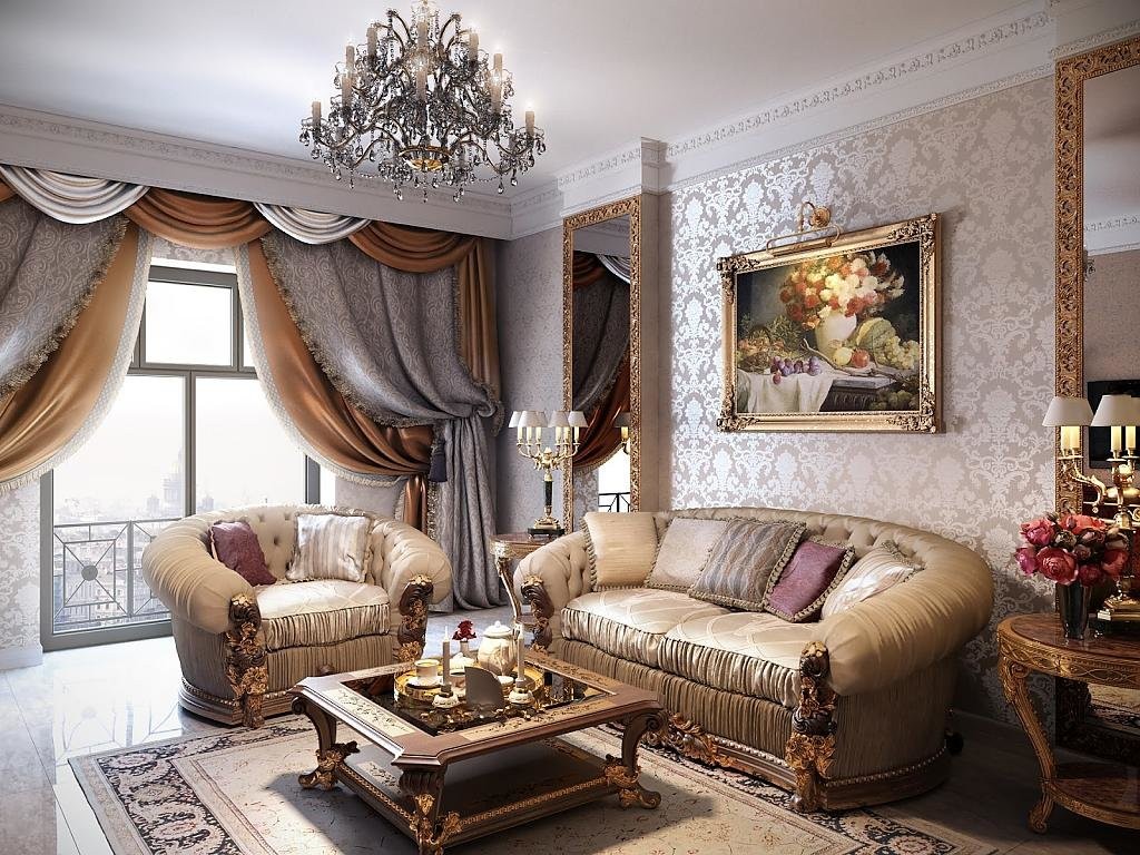 Valg av gardiner for et klassisk interiør i en stue