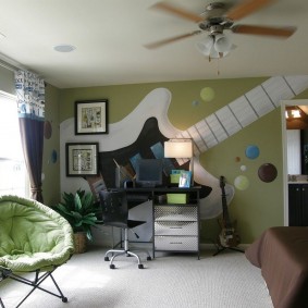 Wall mural with a guitar in a boy's room