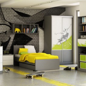 The yellow and gray room for a teenager boy
