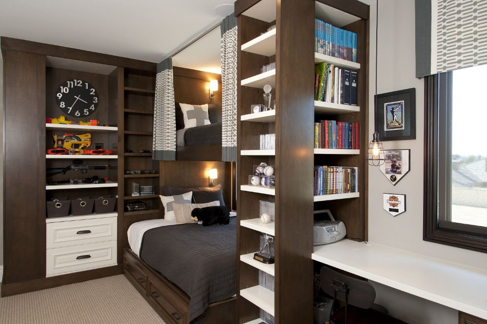 Brown shelving in a teenage boy's room